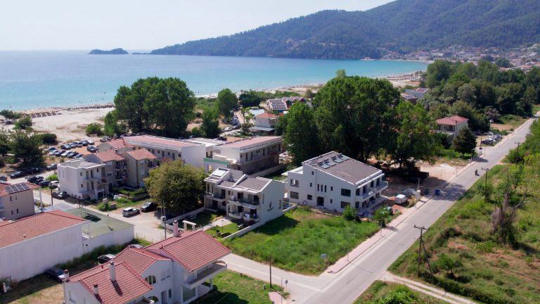 Beachfront apartments on Thassos from a drone