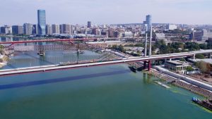 Bridge over the Sava and Belgrade Waterfront from the air