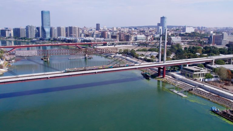 Bridge over the Sava and Belgrade Waterfront, aerial view
